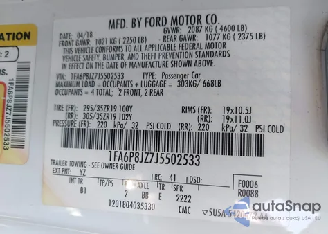 2018 Ford Shelby Gt350 из США, поврежденный, VIN 1FA6P8JZ7J5502533